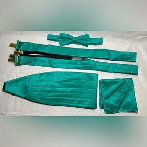 Vintage Teal 4 Piece Set, Bow Tie, Cumberbund, Suspenders, Pocket Square